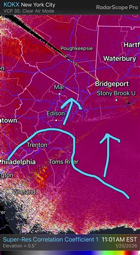 This is a Doppler radar dual polarization product we call correlation coefficient. It’s currently tracking the changeover line from snow to sleet/freezing rain pushing north across Central New Jersey. Exactly how far this changeover line goes will determine who gets 3-6 inches LESS of snow. | Forensic Weather Consultants