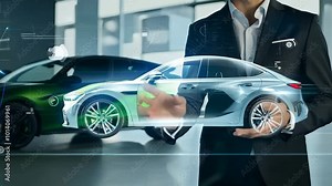 Car hologram futuristic hologram EV cars dealer engineer showroom hangar electric vehicle interactive automobile model development test drive future carbon-free emissions clean energy transportation