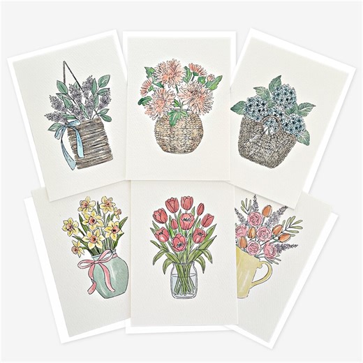 6 Watercolor Floral Bouquet Cards   Envelopes | 5x7" Flat Note Cards Small Art Prints - Etsy