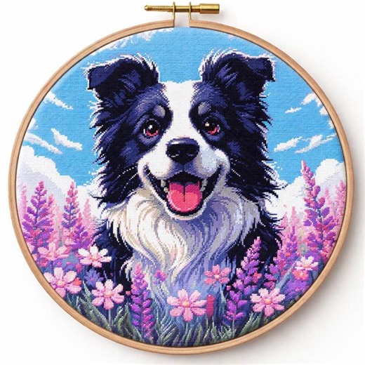 Border Collie Cross Stitch Pattern | Happy Dog Flower Field Needlework (digital Download) - Etsy