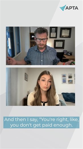 Real change in payment starts with a united profession. 💪 Check out this discussion between APTA President Kyle Covington and DPT Steph to learn how APTA, PTs, and PTAs across the country are working together to fix payment and strengthen the profession’s future. Learn more and stay tuned for the full episode: https://www.apta.org/your-practice/payment | American Physical Therapy Association (APTA)