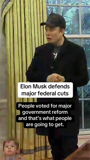 Standing beside President Trump in the Oval Office on Tuesday, Elon Musk defended the Department of Government Efficiency's efforts to drastically cut spending and dismiss workers across the federal government, insisting that Americans voted for major change and the Trump administration is delivering. Musk took questions for the first time since the president gave him broad authority to overhaul the executive branch. He insisted he has no conflict of interest, even though his own companies have 
