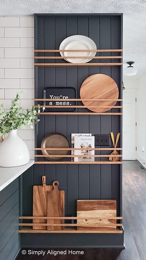 This plate rack is a show stopper! . I couldn’t figure out how to decorate an awkward wall in our kitchen, but this plate rack was the perfect solution! . Check out my blog for the full tutorial: www.simplyalignedhome.com . . #platerack #moderndesign #diyinspo #doityourselfproject #homedecor #makehomeyours | Simply Aligned Home