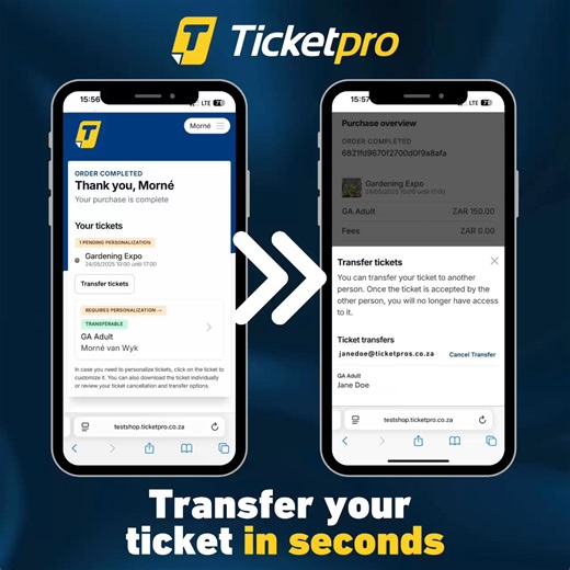 2.2K views · 6 comments | Can’t make it to the event? No problem! With our new ticket transfer feature, you can now easily send your ticket to someone else — all online through our website! Instantly! No more worrying about losing out or letting tickets go to waste. Just log in, transfer your ticket, and let the fun continue!  Visit our website to secure tickets for the next event: www.ticketpros.co.za #TicketTransfer #EventLife #Ticketpro #NeverMissOut | Ticketpro | Facebook