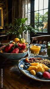 Ultra-detailed of a beautifully set breakfast table with a nutritious and colorful meal, including fresh fruits, a smoothie, whole grains, and lean proteins.