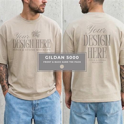Gildan 5000 Sand Mens T-shirt Mockup, Front and Back Pack, Male Lifestyle, Streetwear, Minimal, Oversized, for Print on Demand - Etsy