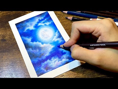 色鉛筆で描く 夜空、月 | Full Moon Night | Colored Pencils Drawing