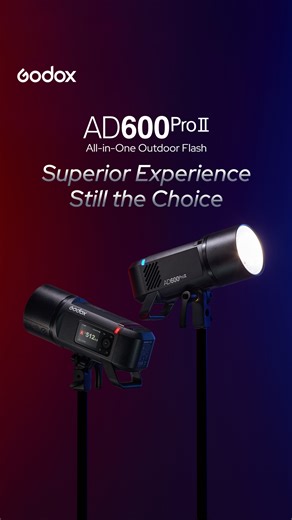 Introducing the All-in-One Outdoor Flash AD600ProII! Evolving for a superior user experience. The AD600ProII integrates the 40W Bi-color modeling light, boasts the latest One-Tap Sync with X3 Trigger, group identification indicator, and an optimized color screen. It enhances upgrades in flash duration, battery life, and wider output range. 💰RRP(recommended retail price): $899.00 Due to differences in VAT & tax rates, prices may vary in different regions. Learn more at: https://www.godox.com/pro