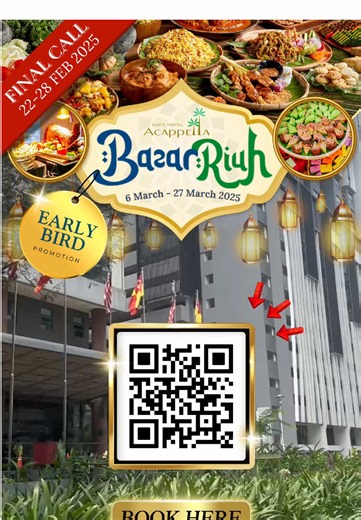 LAST CALL! PROMO EARLY BIRD BUFET RAMADAN HANYA SAMPAI 28 FEBRUARI! 🚀 Nak berbuka di Acappella Suite Hotel dengan harga JIMAT? Tempah sekarang sebelum harga naik! 💳 ✅ Scan QR code/Klik link di bio ✅ Pilih tarikh ✅ Bayar & siap! Jangan tunggu last minit! ⏳ 28 FEBRUARI last day untuk harga early bird! Lepas tu, harga biasa tau! 😱 #buffetramadhan #acappellasuitehotel #ramadan #bufet #bukapuasa #menuberbuka #fyp #iftarbuffet #promoramadhan #earlybird #kambinggolek