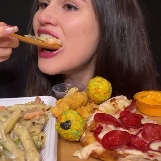 ASMR PIZZA & PASTA MUKBANG | EATING CHEESY PEPPERONI + ALFREDO #shorts