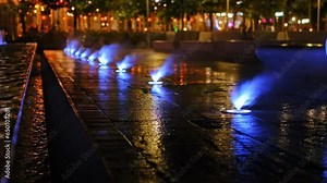 Colorful City Square Mist Fountain with Water Sprinklers Illuminated by LED Lamps