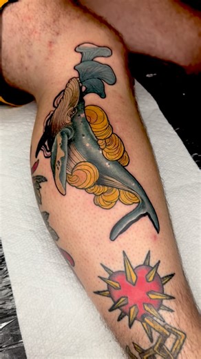 Creative whale tattoo blasted out here at home base by the wonderful @brett_brown_tattoos! His books are open so make sure to give him a follow and book your next tattoo today! 419-420-8282! | Black Sheep Tattoo
