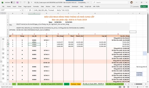 Công thức để tạo báo cáo động trên Add-in A-Tools với hàm BS_SQL các bạn thấy tôi hướng dẫn nhiều nhưng với kỹ thuật tạo báo cáo phân nhóm, phân cấp giống Subtotal trong Excel nhưng nó chạy cập nhật khi điều kiện thay đổi thì rất ít. Bài hướng dẫn chia sẻ này giúp các bạn tạo ra báo cáo nghiệp vụ siêu mạnh mà chỉ làm được với hàm #BS_SQL, sử dụng thuộc tính #GROUP, #FOOTER. (*)Hướng dẫn chi tiết tại đây : https://bluesofts.net/Kien-thuc-Add-in-A-Tools/Huong-dan-tao-bao-cao-phan-nhom-GROUP-co-nhi