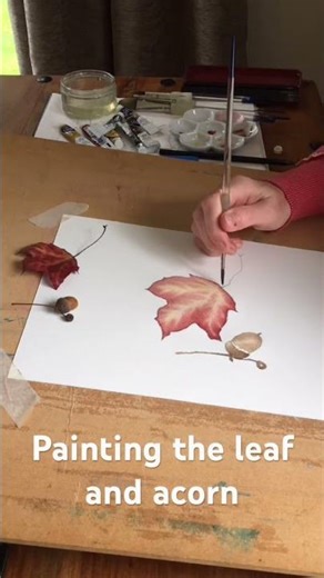 Watercolour painting, autumn leaf and acorn