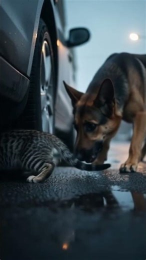 Cat on fear, try to run from the giant dog #straycat #scaredkitten #catvideos #catfighting #sadcat