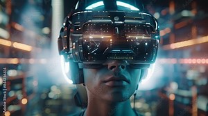 A person wearing virtual reality goggles completely immersed in a digital world where they can create and manipulate music in a completely new way.