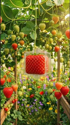 Growing a Square Strawberry on the Plant 🍓⬜ #strawberry #fruit #aifruits