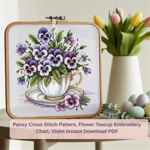 Pansy Cross Stitch Pattern, Flower Teacup Embroidery Chart, Violet Instant Download PDF - Etsy