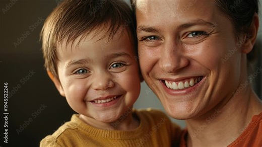 Cam focusing, mom holding boy home, boy beaming, mom leaning sharing love, mustard knit rust top