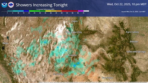 As a trough moves into the Desert Southwest, coverage of showers and thunderstorms will increase over the area this evening, focused over southern Utah. The potential for storms will continue through Thursday. Here's what one of our models thinks the radar will look like. | US National Weather Service Salt Lake City Utah