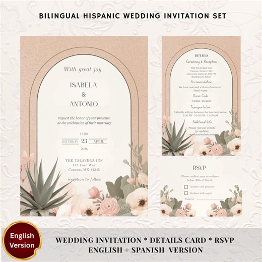 Bilingual Spanish Wedding Invitation Set,Editable Canva Template, Invitacion de Boda, Hispanic Theme Invite (Digital Download)