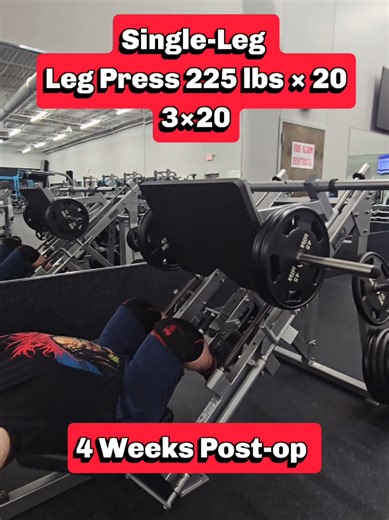 Week 19: Leg Day Exercise 1: Single-Leg Leg Press 4 Weeks Post-op 225 lbs × 20 3×20 #legday#workout#training