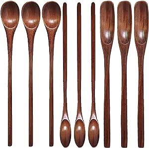 Wooden Spoons Long Handle Wooden Coffee Spoons Tea spoon Wooden Mixing Honey Spoon Handmade Wood Stirring Spoon for Kitchen Cooking Utensils(9PCS)