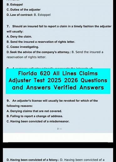 Florida 620 All Lines Claims Adjuster Test 2025 2026 Questions and Answers Verified Answers video