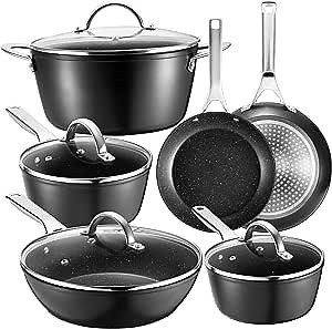 Pots and Pans Set Nonstick, Fadware Cookware Sets 10-piece for All Cooktops, Induction Compatible Cookware Dishwasher Safe, Cooking Pans with Lids, Black