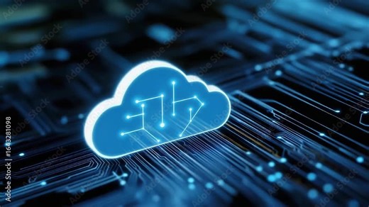 Glowing cloud network over digital circuit animation video. Cloud infrastructure, connectivity in high-tech animated footage clip seamless HD motion. Modern data transmission concept