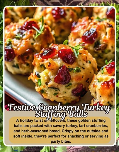 Festive Cranberry Turkey Stuffing Balls The perfect bite-sized holiday favorite — savory, sweet, and a little crispy on the outside! 🦃🍞🍒 Ingredients: 3 cups leftover stuffing (or prepared boxed stuffing) 1 cup cooked turkey, shredded or chopped 1/2 cup dried cranberries 1/4 cup finely chopped celery 1/4 cup finely chopped onion 1/2 tsp poultry seasoning 1/4 tsp black pepper 2 eggs, lightly beaten 1/2 cup shredded cheddar or mozzarella (optional) 2 tbsp chopped fresh parsley (plus more for gar