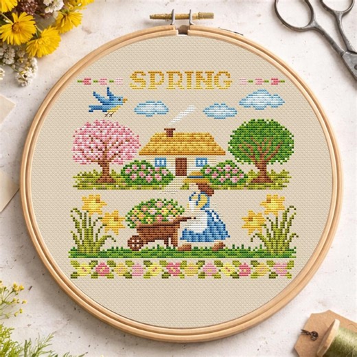 Spring Sampler Cross Stitch Pattern, Art Flower Embroidery Chart (PDF)