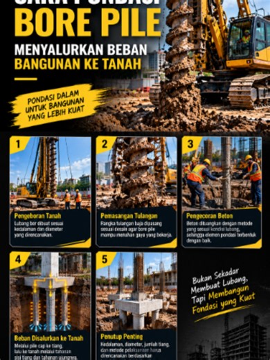 Cara Pondasi Bore Pile Menyalurkan Beban Bangunan ke Tanah! 🏗️ Pernah melihat mesin bor besar di proyek pembangunan gedung? Itu bisa menjadi bagian dari proses pembuatan pondasi bore pile. Pondasi ini dibuat dengan mengebor tanah hingga kedalaman tertentu, memasang rangka tulangan baja, lalu mengisi lubang dengan beton sesuai metode pelaksanaan yang direncanakan. 📌 Bagaimana cara kerjanya? Tanah dibor sesuai diameter dan kedalaman desain. Rangka tulangan dipasang ke dalam lubang. Beton dicor m