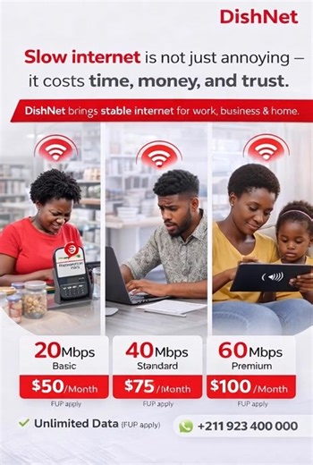 Slow internet is not just annoying — it costs time, money, and trust. Whether it’s work, business, or home use, unreliable internet holds you back. 🚀 DishNet brings stable, reliable internet you can depend on. 📲 WhatsApp: 211 923 400 000 | DishNet