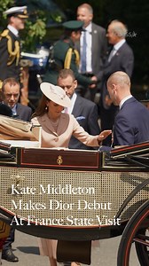 It’s Dior, darling! #KateMiddleton wore the iconic French designer for the first time publicly for Macrons’ state visit. The Princess of Wales paired the blush pink ensemble with earrings worn previously by Princess Diana. | Access