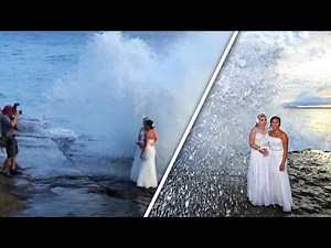 Wave Leaves Newlyweds Soaking Wet as They Pose for Wedding Photos