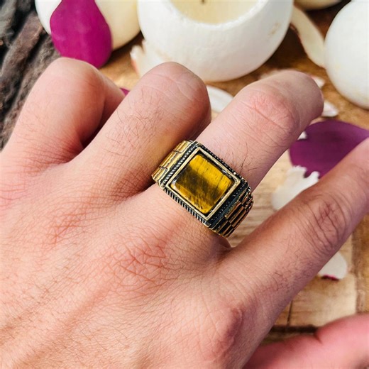 Tiger Eye Signet Ring, 18k Gold Brass Ring for Men - Etsy