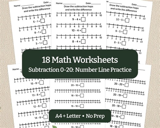 Subtraction Worksheets 0-20: 18 Number Line Practice Activities for Kindergarten PDF - Etsy