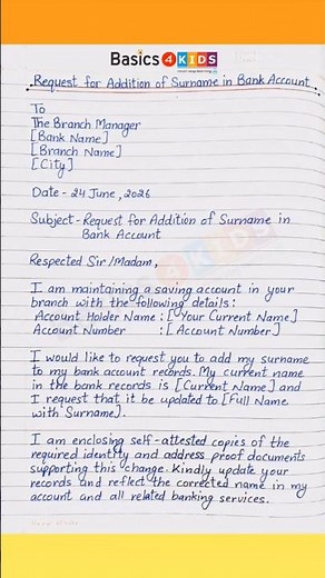 Request for Addition of Surname in Bank Account | Formal Letter Writing in English