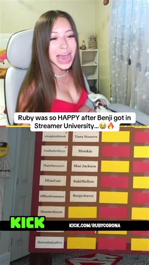 Ruby was so HAPPY after Benji got in Streamer University…😭🔥#rubycorona #benji #kaicenat #streameruniversity #fyp