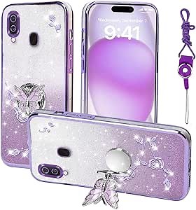 for Samsung Galaxy A10E (Not Fit A10) Phone Case,for A20E Mobile Phone Case for Women and Girl, Glitter Butterfly Floral TPU Protective Cover with Kickstand+Strap for Samsung A20E/A10E (Purple)