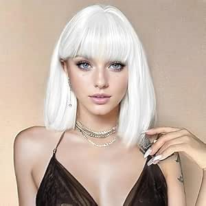 SUKRI White Bob Wig with Bangs Short Straight White Wigs for Women Silver White Bob Hair Wig for Party Cosplay Daily Use（12Inch）