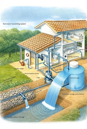 Rainwater Harvesting Systems: Turning Rain into a Sustainable Household Resource As water scarcity and environmental awareness continue to grow, rainwater harvesting systems are becoming an increasingly popular solution for sustainable living. The illustrated system above demonstrates how a modern home can efficiently collect, store, filter, and reuse rainwater for everyday household needs. How the System Works Rainwater harvesting begins at the roof. When rain falls, it is guided by sloped roof