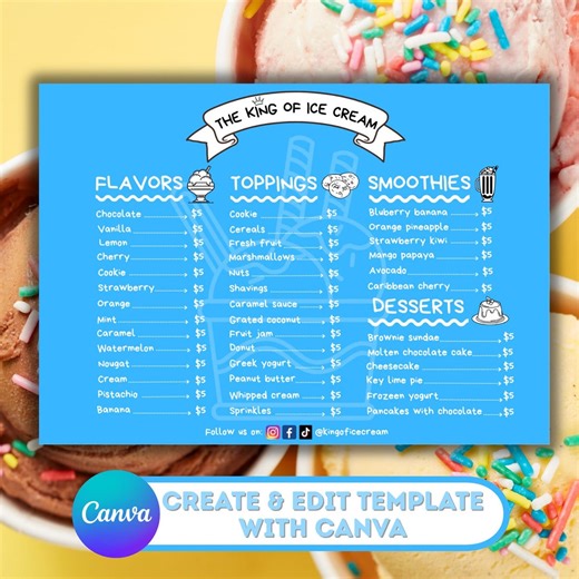 Ice Cream Menu/ice Cream/editable Ice Cream Menu/editable Ice Cream Menu With Canva/digital Menu/ice Cream Shop Template/artisanal Ice Cream - Etsy