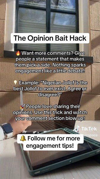 🚨 Want more comments on your posts? Try this opinion bait hack! Instead of asking a yes/no question, ask something that makes people want to prove their point. Example: ❌ Do you think Instagram is better than TikTok? (Boring, easy to ignore) ✅ Only one has real engagement…Instagram or TikTok? No wrong answers! (People will rush to defend their fave!) 📌 The trick? Make it open-ended & slightly controversial…people love to argue their opinions. Try this in your next post and watch the comments r