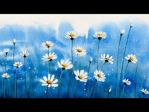 Easy Watercolor Daisy Field | Dreamy Blue Floral Landscape Tutorial