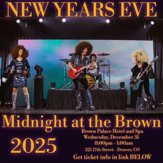 Boogie Machine on Instagram: "Ring in 2026 with nonstop disco fever! Join **Boogie Machine**, Denver’s premier ‘70s disco tribute band, for an electrifying New Year’s Eve celebration at the iconic Brown Palace Hotel. Dust off your platforms, grab your glitter, and dance the night away to all your favorite hits in timeless elegance. Don’t miss the ultimate party to kick off the new year—tickets going fast! 🕺💃🪩. https://www.exploretock.com/brown-palace-hotel-and-spa-denver/event/581590/midnight