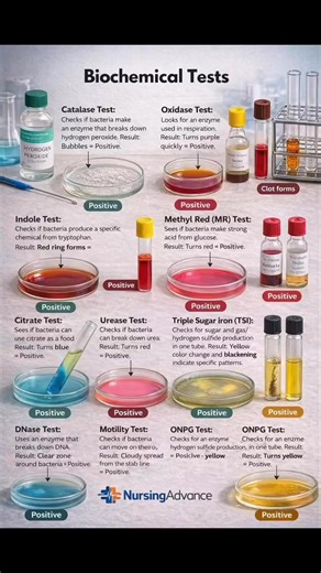 Important Microbiology Biochemical Tests every Nursing / Paramedical / Lab Science student must remember 👩‍⚕️👨‍⚕️ ✔️ Catalase Test ✔️ Oxidase Test ✔️ Indole Test ✔️ Methyl Red (MR) Test ✔️ Citrate Test ✔️ Urease Test ✔️ Triple Sugar Iron (TSI) ✔️ DNase Test ✔️ Motility Test ✔️ ONPG Test 📌 Perfect for: • AIIMS NORCET • RSMSSB • Lab Technician Exams • Nursing & Paramedical Entrance Tests 👉 Follow NursingAdvance for daily exam-oriented notes, MCQs & concept clarity 📤 Share with friends prepari