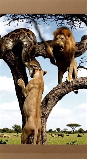 Python catches a lion, another lion arrives and seriously injures the python. #python #lion #A