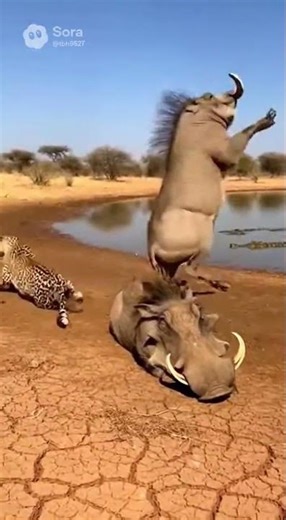 Warthog's Savage Counter: Leopard vs. Crocodile Ambush 猛攻！イボイノシシの逆襲：ヒョウをワニの巣穴へ叩き落とす